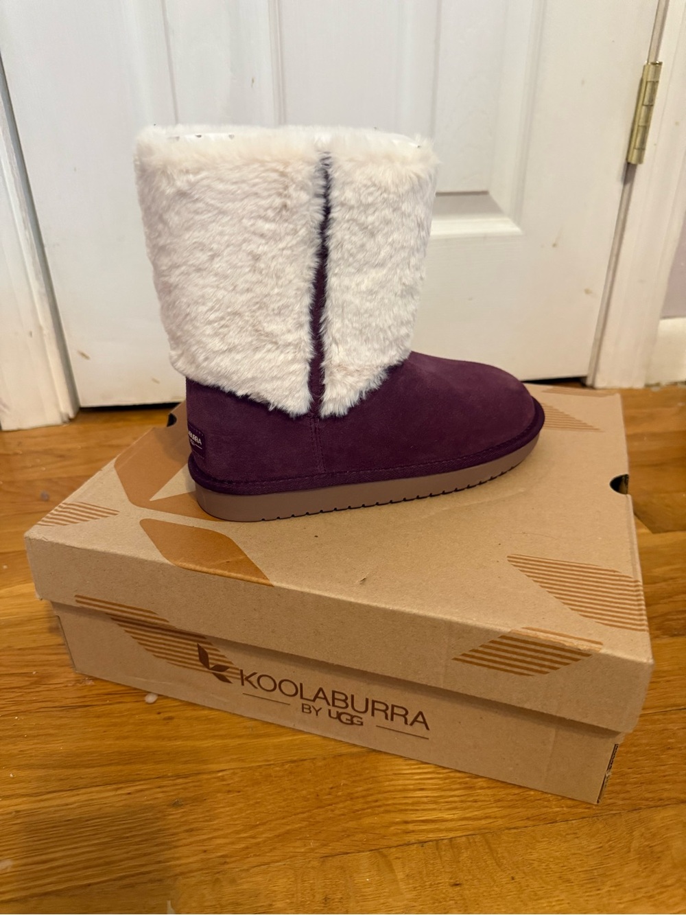 UGG Kids Purple Suede Boots with Cream Faux-Fur Cuff